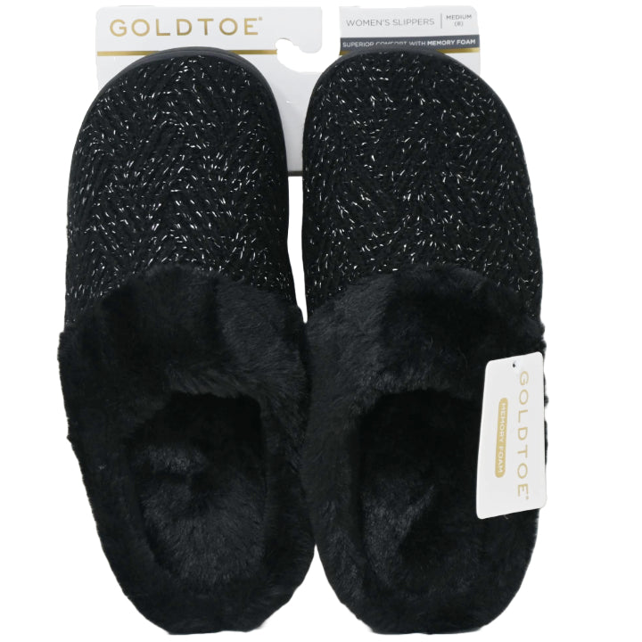S-XL WOMEN BLK SHIMMER KNIT SLIPPER W/TIPPED FAUX COLLAR GOLD TOE C/P 18