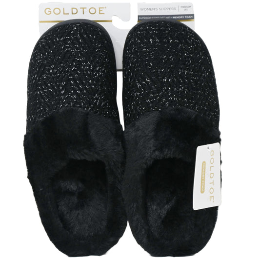 S-XL WOMEN BLK SHIMMER KNIT SLIPPER W/TIPPED FAUX COLLAR GOLD TOE C/P 18