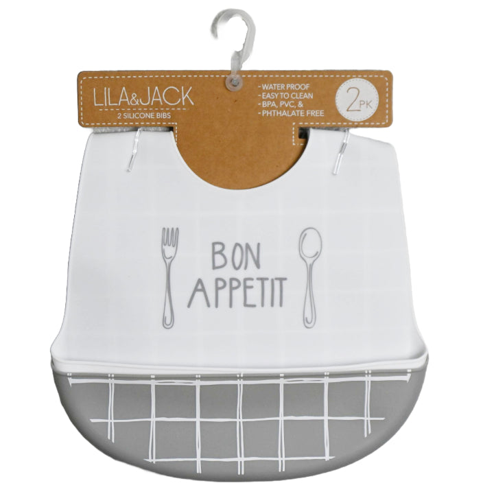 2PC Silicone Bibs - White "Bon Appetit" &Gray Grid Print C/P 60