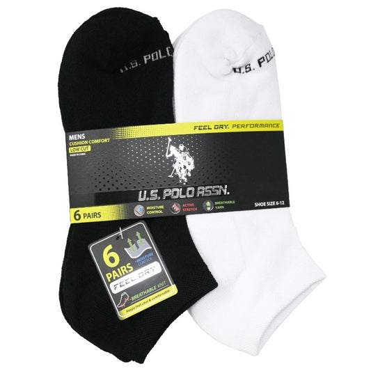 6pk MEN'S BLK/WHITE ASST L/C CUSHION SOCKS SIZE 6-12 U.S. POLO ASSN. C/P 48
