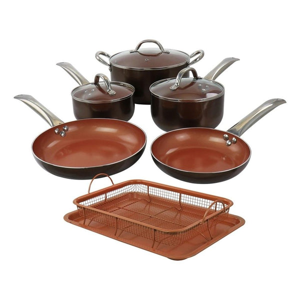 10pc GH ALUM. DARK COPPER NON-STICK COOKWARE SET W/INDUCTION BASE & SS HOLLOW HANDLE C/P 2