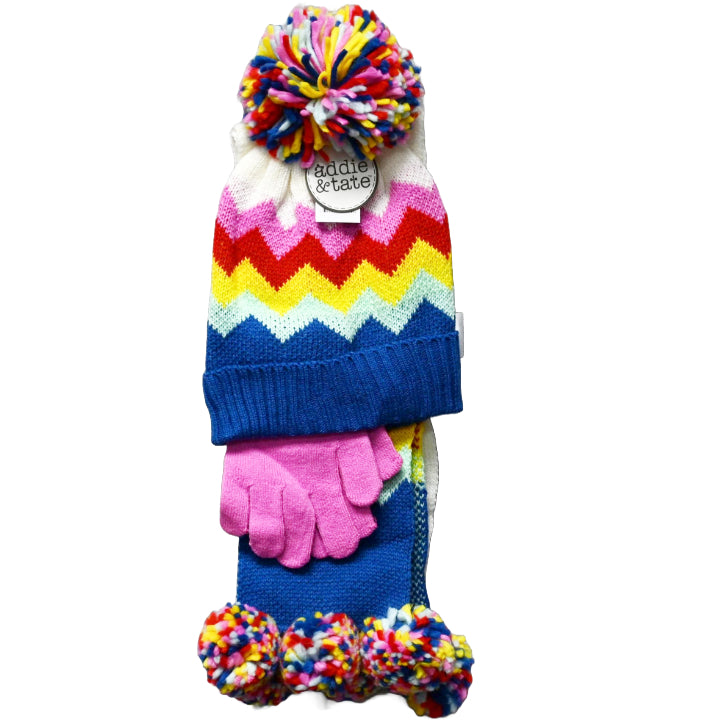 3pc FLAT KNIT STRIPED CUFF MULTI POM HAT/GLOVE/SCARF SET C/P 48