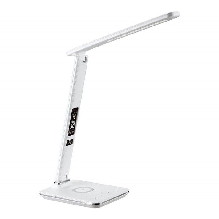 WHITE T-BAR CLOCK LED TASK LAMP +WIRELESS CHARGER C/P 12
