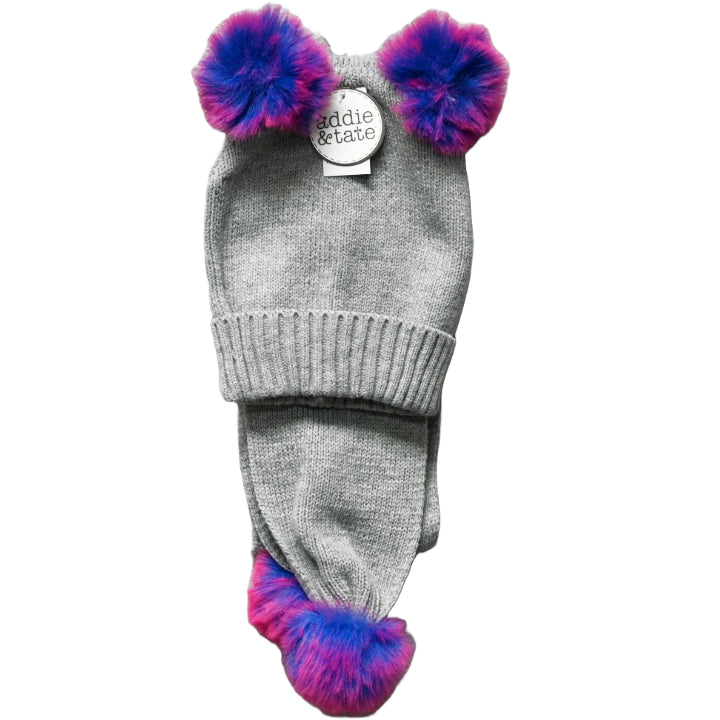 3pc FLAT KNIT W/MULTI COLOR FAUX FUR POMS HAT/GLOVE/SCARF SET C/P 48