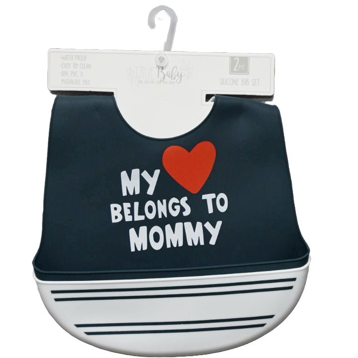 2pk Blue "My Heart Belongs to Mommy" Silicone Baby Bibs C/P 60