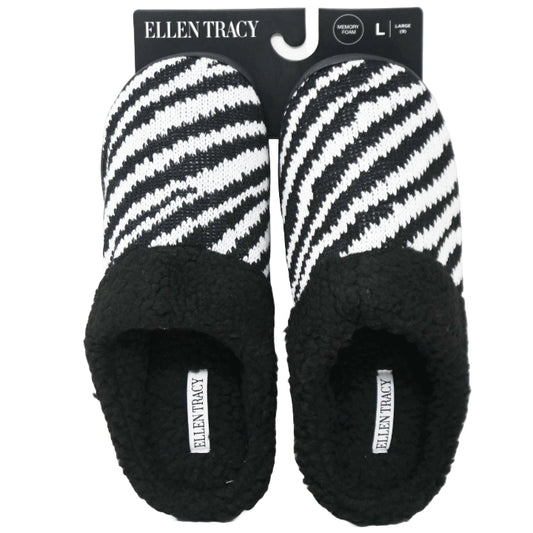 S-XL WOMEN BLK ANIMAL KNIT SLIPPER W/SHERPA COLLAR ELLEN TRACY C/P 18