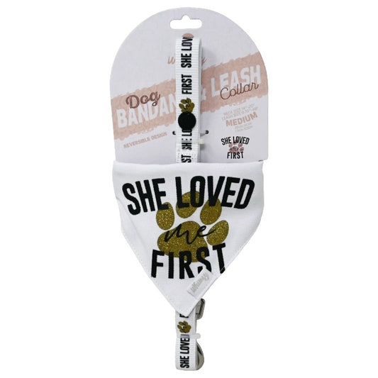 DOG BANDANA COLLAR & LEASH SET SHE LOVED WHITE/CHAMPAGNE C/P 32 DOGHAUS