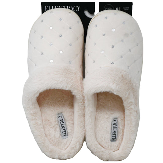 S-XL WOMEN IVORY QUILTED PLUSH SLIPPER W/SEQUINS C/P 18