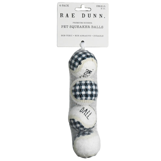 4pk 2" NAVY BUFFALO PLAID SQUEAKER TENNIS BALL PET TOY RAE DUNN C/P 48