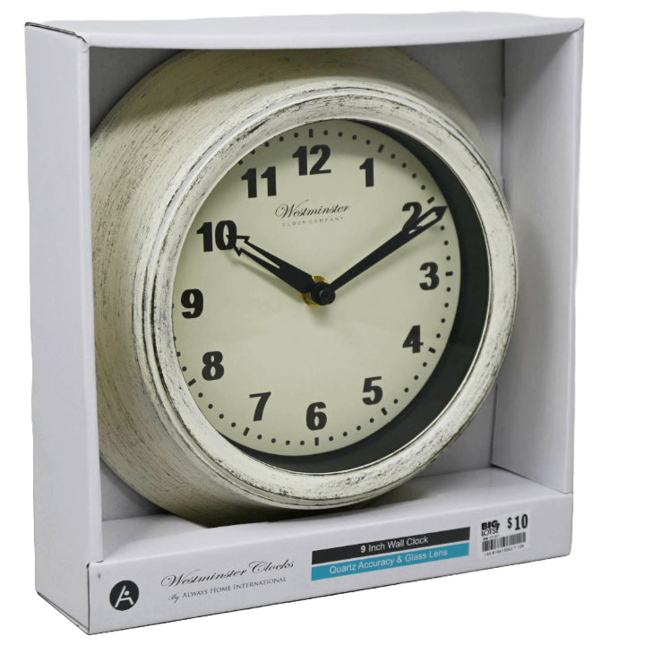 9" WHITE WASH CLOCK C/P 4