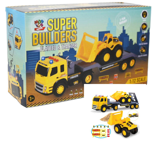 Flatbed Truck & Excavator - 1:12 Scale Push & Go Construction Playset w/Lights & Sounds for Kids C/P 10