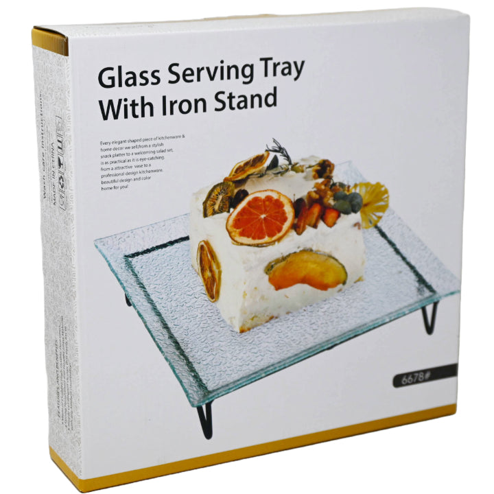 10.23" GLASS SERVING TRAY W/METAL STAND C/P 8