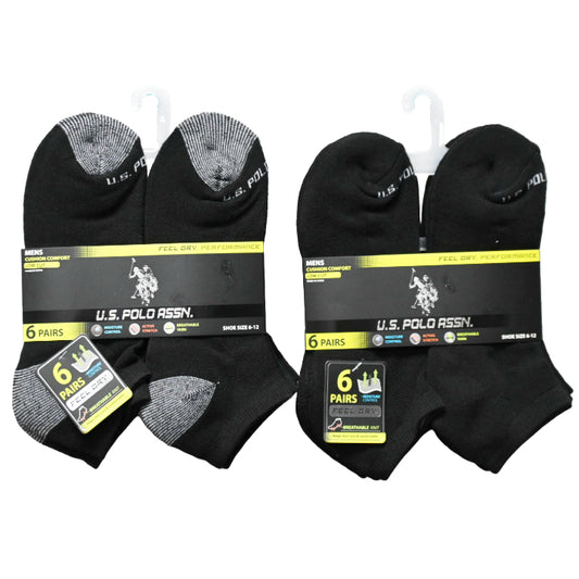 6pk MEN'S BLACK L/C CUSHION SOCKS SIZE 6-12 U.S. POLO ASSN. 3-ASST STYLES C/P 48