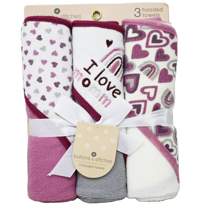 3pk ROLLED HOODED TOWEL - I LOVE MOMMY C/P 24