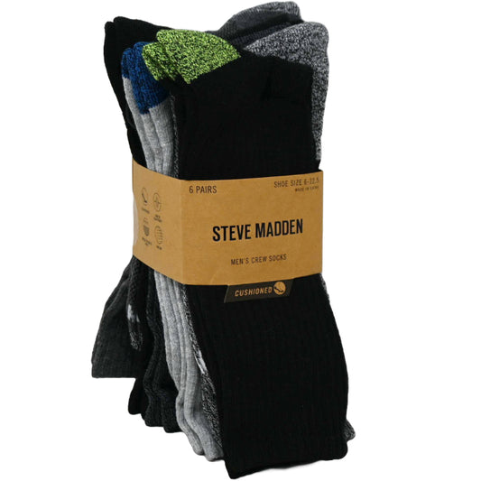 6pk MENS ATHLETIC 1/2 CUSHION CREW SOCKS ASST COLOR SIZE 10-13 STEVE MADDEN C/P 36
