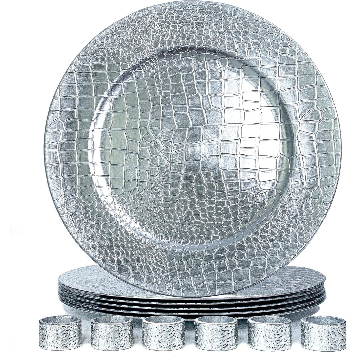 6pc Charger Plate & 6pc Napkin Ring Set Silver Croc C/P 8