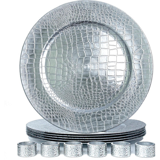 6pc Charger Plate & 6pc Napkin Ring Set Silver Croc C/P 8