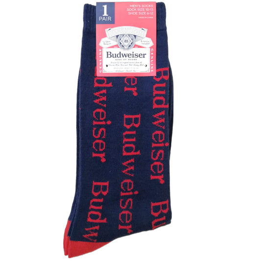 1pr BUDWEISER NAVY/RED MEN CREW SOCKS SIZE 10-13 C/P 60