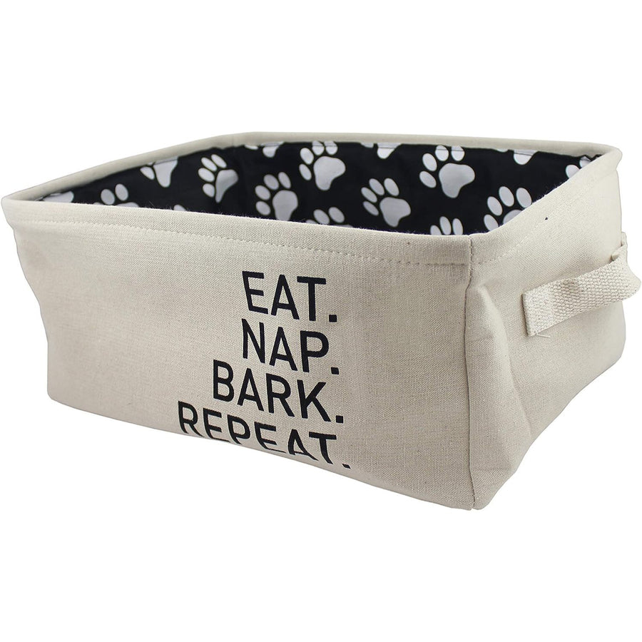 17"x13"xH8 Natural Linen with "Eat Nap Bark Repeat" in Black wPrinted Paw Print Liner Pet Bin C/P 12