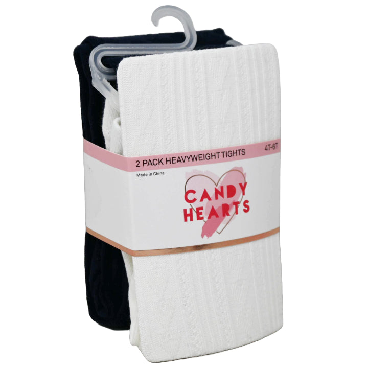 2pk GIRLS HEART CABLE & SOLID HWT FOOTED TIGHTS SIZE 4-6 C/P 24