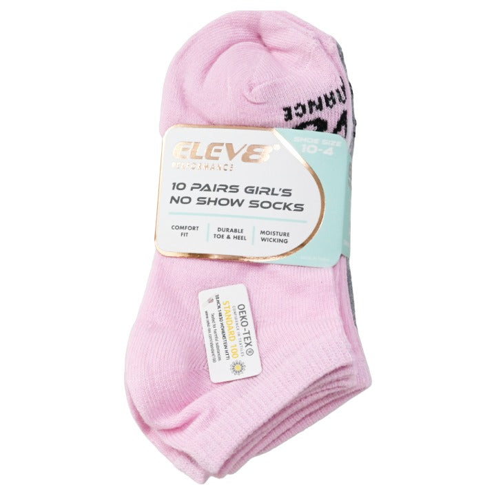 10pk Girls 6-8G Asst PGB No Show Socks C/P 60 ELEV8