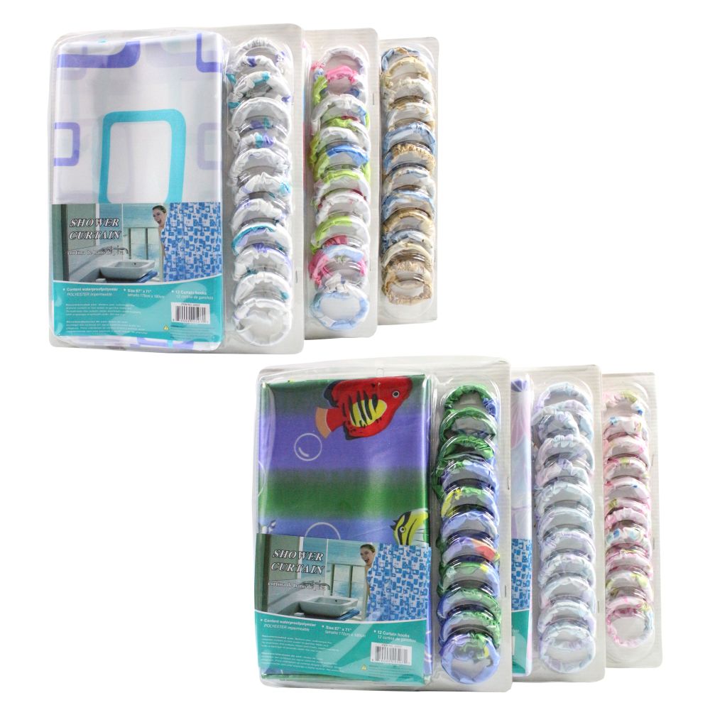 SHOWER CURTAIN 67X71" W/HOOK 6 ASSTD C/P 24