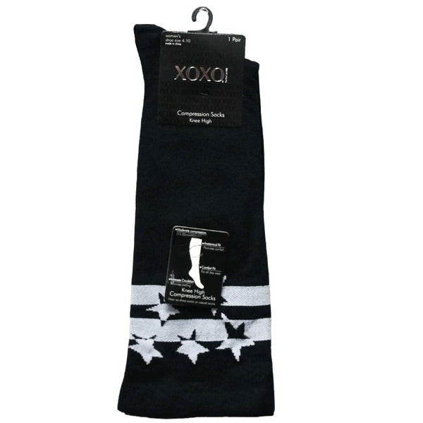 LADIES 1PK COMPRESSION KNEE HIGH SOCKS BLACK WITH STAR PRINT C/P 48 XOXO