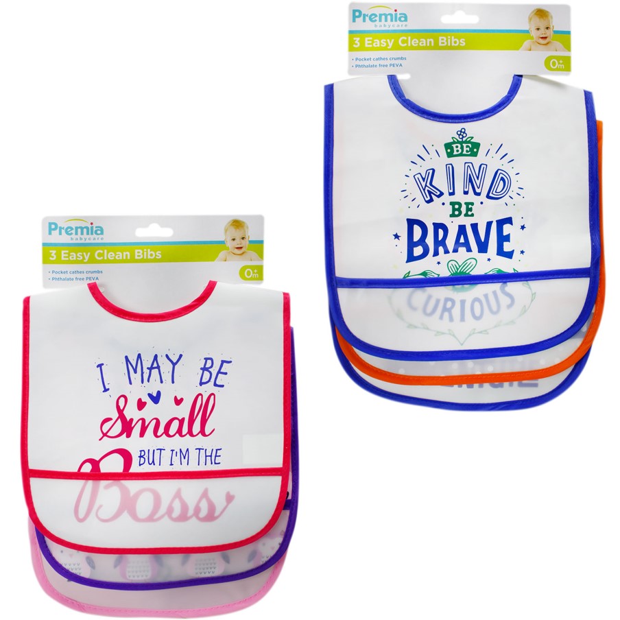 3pk PREMIA PEVA BIB WITH POCKET 2-ASSORTED C/P 48