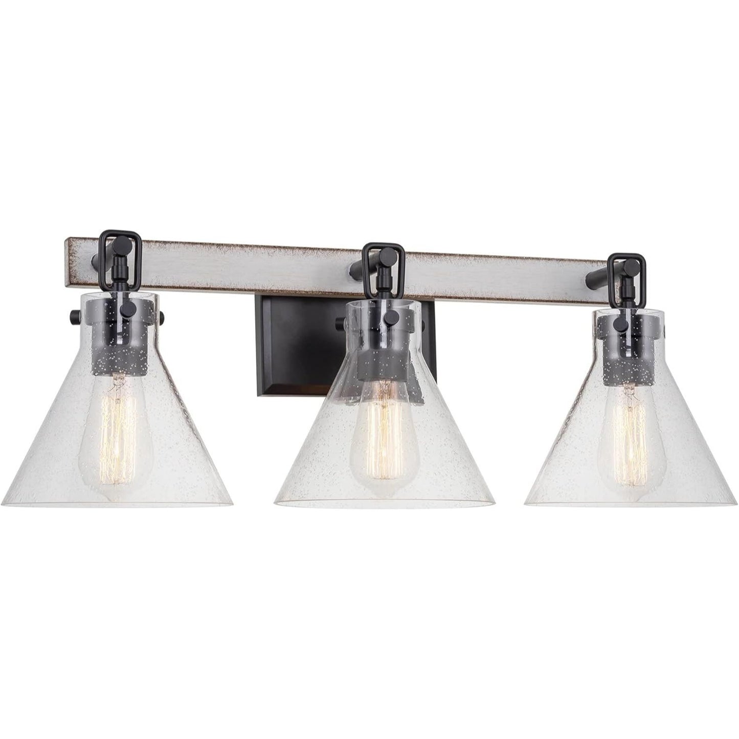 Anza 25" 3-Light Farmhouse Vanity / Bathroom Light + Conic Seeded Glass Shades, White Ash Wood Style + Black Finish C/P 1