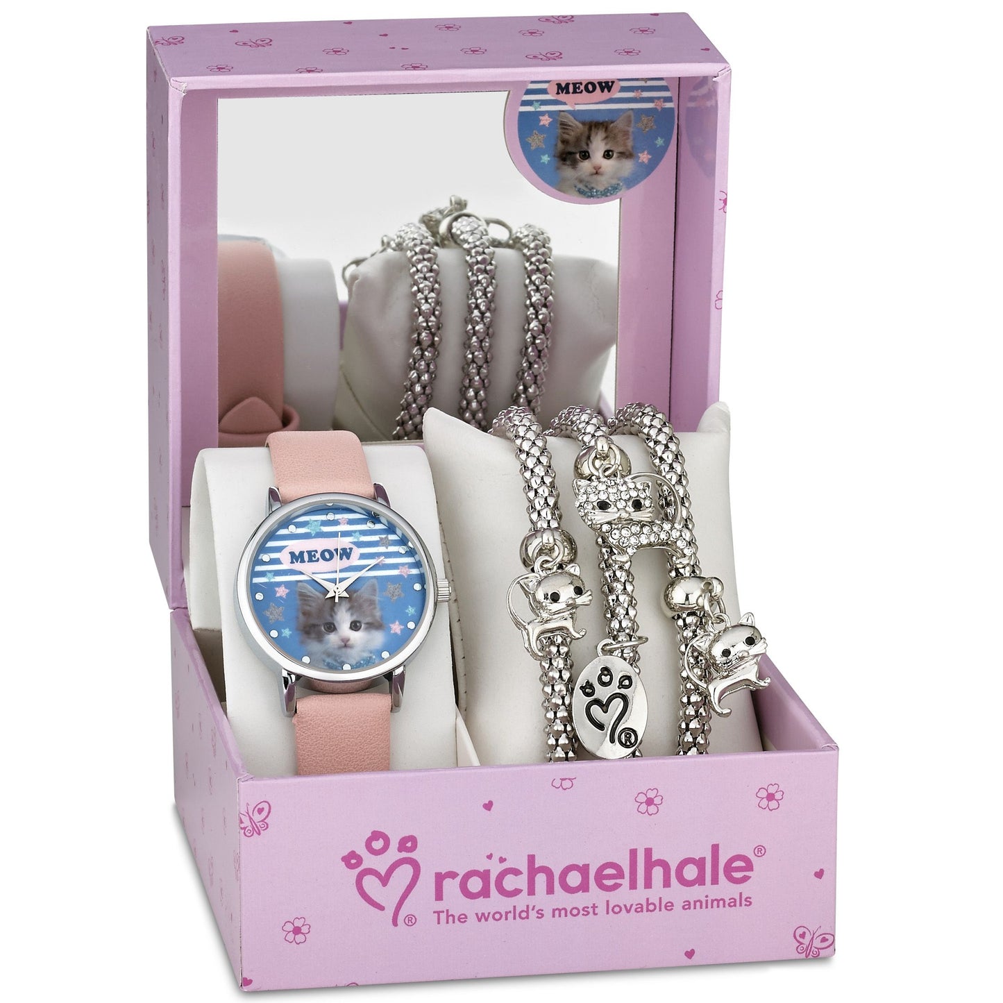 8.5" ADJ. KITTY WATCH W/3 SILVER STRETCH CAT MOTIF CHARM BRACELETS RACHAEL HALE C/P 30