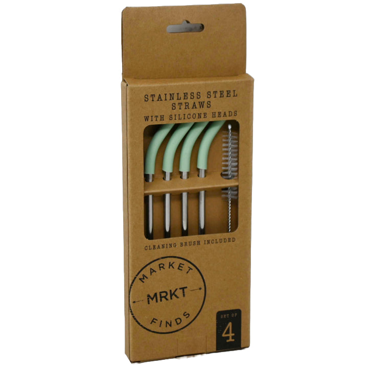 4pk Stainless Straws wGreen Sillicone Head and Cleaning Brush C/P 48