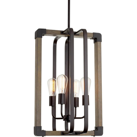 Lorenzo 25" 4-Light Modern Farmhouse Ceiling Pendant Light, Open Design, Hickory Wood Style + Oil Rubbed Bronze Finish C/P 1