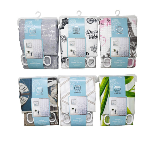 71x71" PRINTED POLYESTER SHOWER CURTAINS WITH HOOKS ASST C/P 40