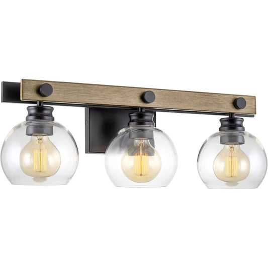 Sebastian 23" 3-Light Industrial Farmhouse Vanity / Bathroom Light + Clear Globe Glass Shades, Smoked Birch Wood Style + Black Finish C/P 1
