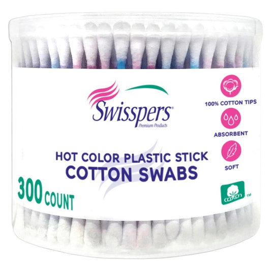300ct Cotton Swabs Colored Plastic Sticks Swisspers C/P 72