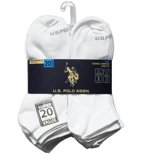 MENS 20PK LOW CUT CASUAL SOCKS SIZE 6-12 WHITE C/P 48