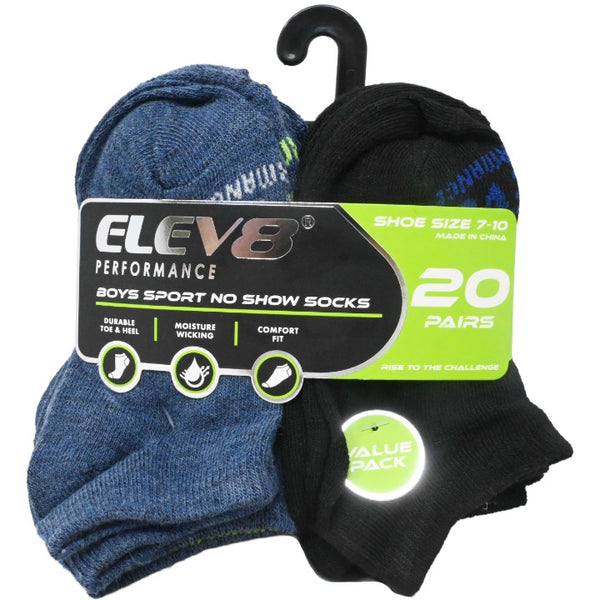 20pk Boys 7-10 Asst No Show Non Cush Socks C/P 30 ELEV8