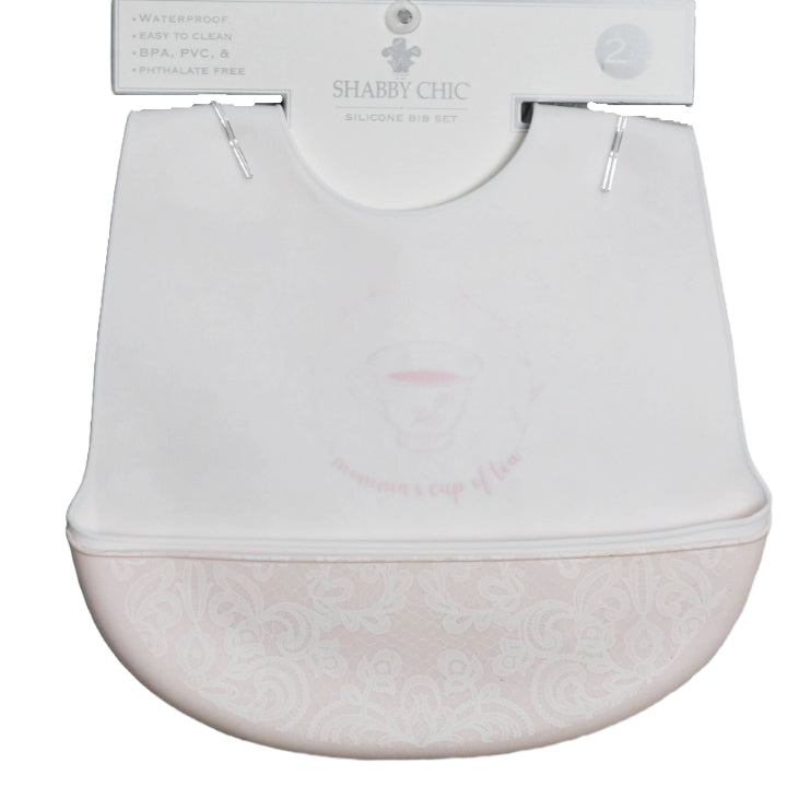 2 Pack Silicone Bib Set - White "Cup of Tea" with Tea Cup and Pink with White Design C/P 60