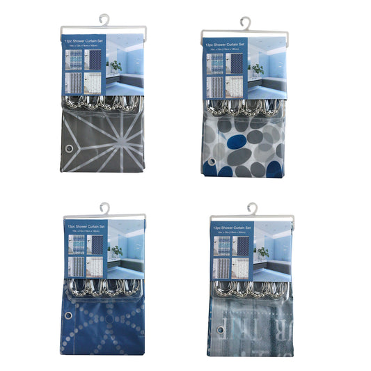 70" X 72" PRINTED SHOWER CURTAIN WITH 12 METAL HOOKS, 4 ASSORTED PRINTS C/P 20