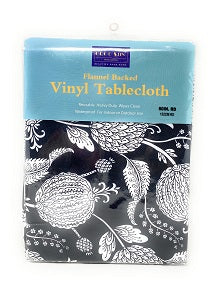 60" ROUND BLACK FLOWER PRINT FLANNEL BACKED VINYL TABLE CLOTH C/P 24