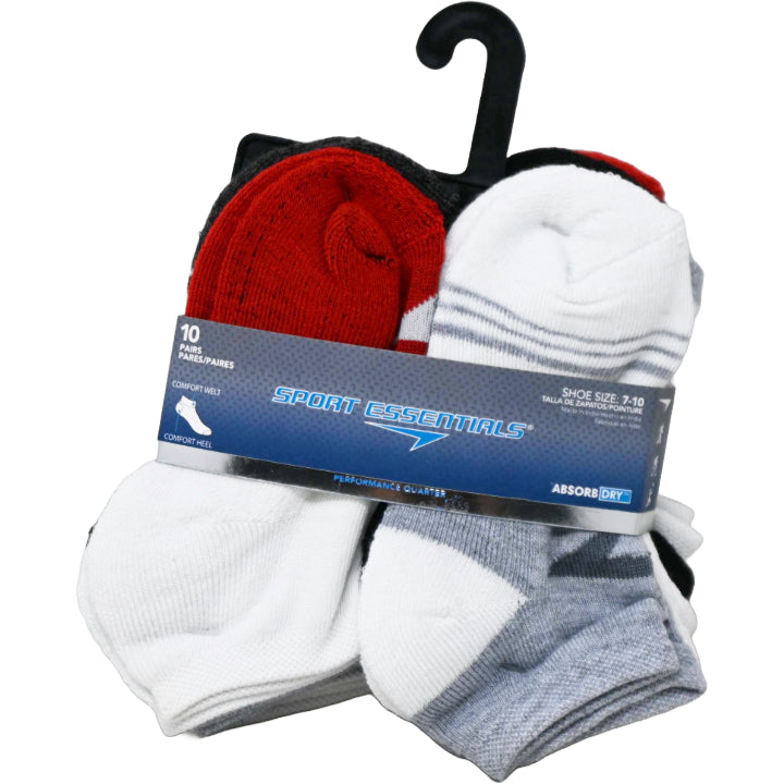 10pk KIDS WHT SPORT ESSENTIALS MULTI STRIPE HC QTR SOCKS SIZE 4-6 C/P 60
