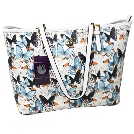 WHITE CARRY ALL TOTE TOP ZIPPER CLOSUREwBUTTERFLY PRINT C/P 12