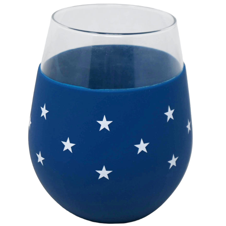 18oz STARS STEMLESS GLASS WITH BLUE SILICONE SLEEVE C/P 24