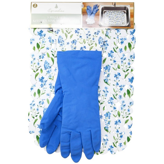 3pc Blu Fl2 Kitchen Mat Sil Glove Set C/P 24