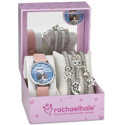 8.5" ADJ. KITTY WATCH W/3 SILVER STRETCH CAT MOTIF CHARM BRACELETS RACHAEL HALE C/P 30