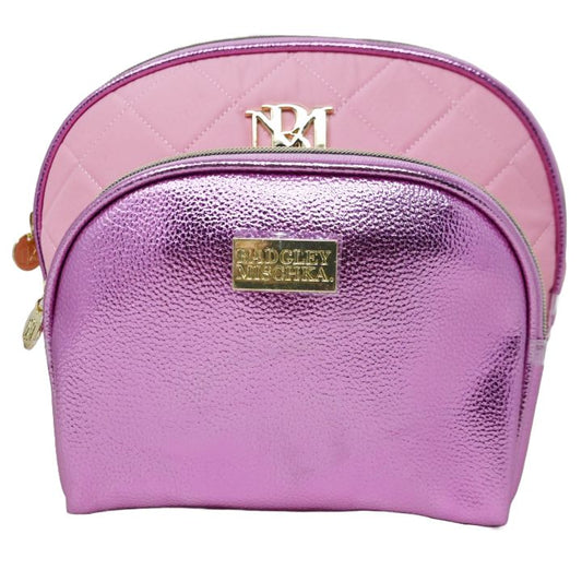2pc PINK QUILTED MATTE SATIN AND PEBBLED METALLIC PU DOME COSMETIC BAG SET BADGLEY MISCHKA C/P 24
