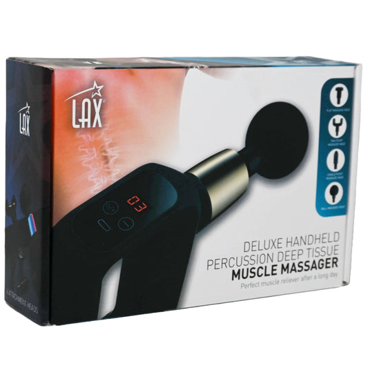Black Deluxe Handheld Percussion Muscle Massage Gun w4 Interchangeable Heads c/p 12
